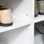 Banc à chaussures d'entrée avec portes coulissantes, étagères réglables, 6 compartiments et siège rembourré, peut contenir 10 paires de chaussures