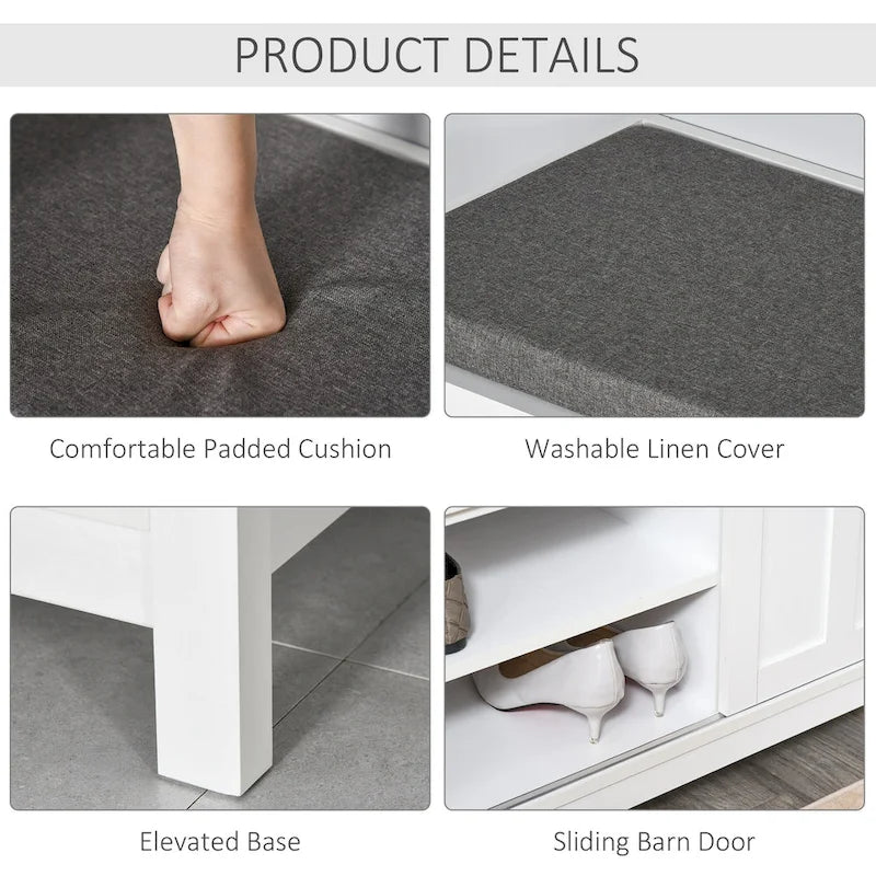 Banc à chaussures d'entrée avec portes coulissantes, étagères réglables, 6 compartiments et siège rembourré, peut contenir 10 paires de chaussures