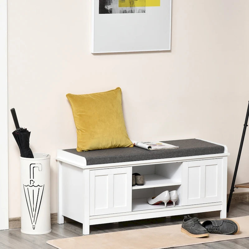 Banc à chaussures d'entrée avec portes coulissantes, étagères réglables, 6 compartiments et siège rembourré, peut contenir 10 paires de chaussures