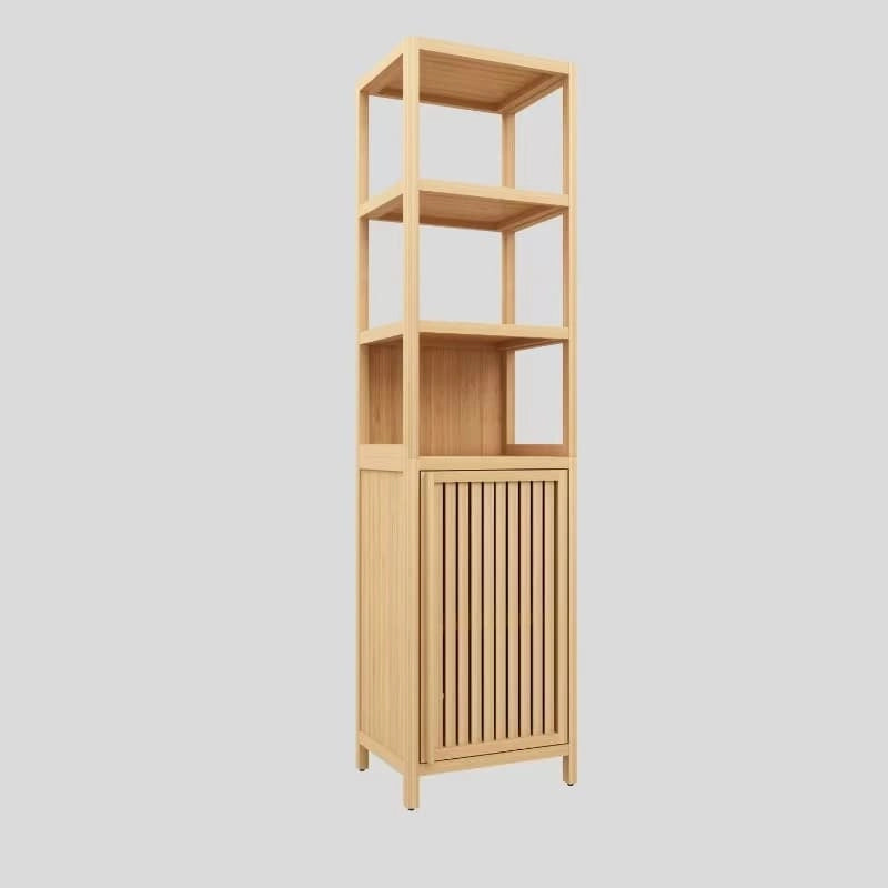 Meuble de rangement haut et étroit avec porte persienne et 3 étagères, colonne de salle de bain autoportante