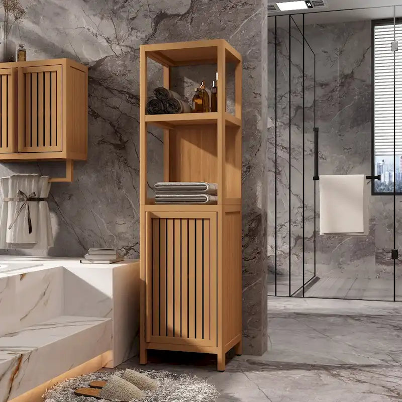 Meuble de rangement haut et étroit avec porte persienne et 3 étagères, colonne de salle de bain autoportante