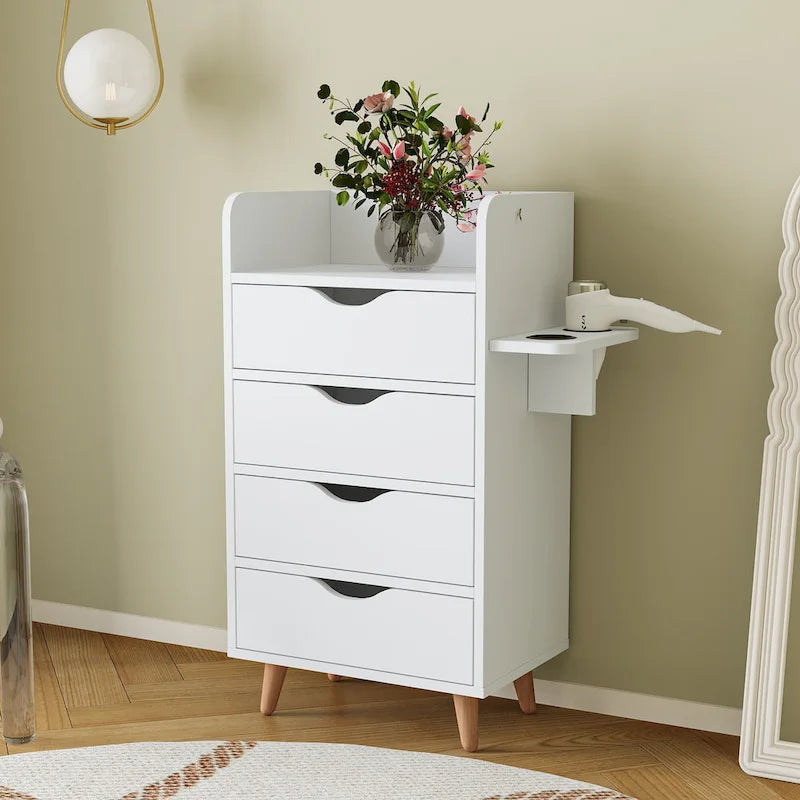Meuble de rangement de salon à 4 niveaux avec 2 porte-sèche-cheveux et 4 tiroirs