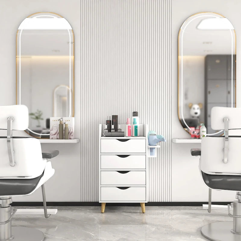 Meuble de rangement de salon à 4 niveaux avec 2 porte-sèche-cheveux et 4 tiroirs