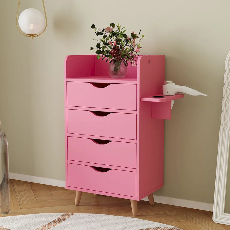 Meuble de rangement de salon à 4 niveaux avec 2 porte-sèche-cheveux et 4 tiroirs