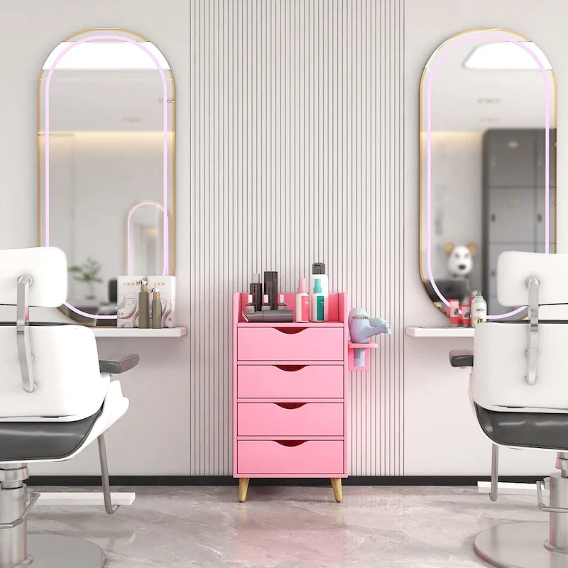 Meuble de rangement de salon à 4 niveaux avec 2 porte-sèche-cheveux et 4 tiroirs