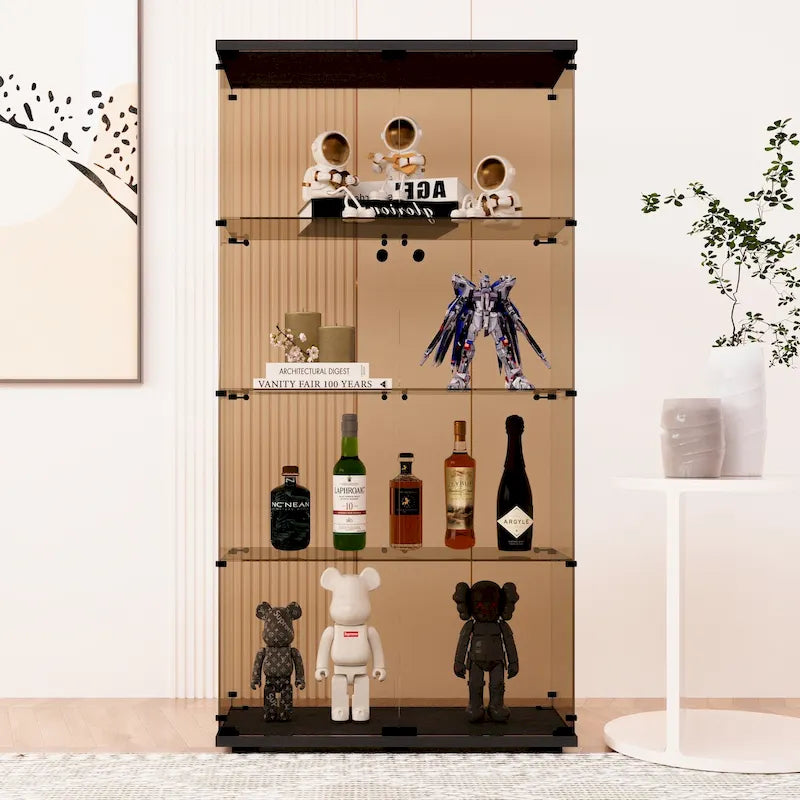 Vitrine 2 portes en verre teinté avec 4 étagères, bibliothèque murale sur pied