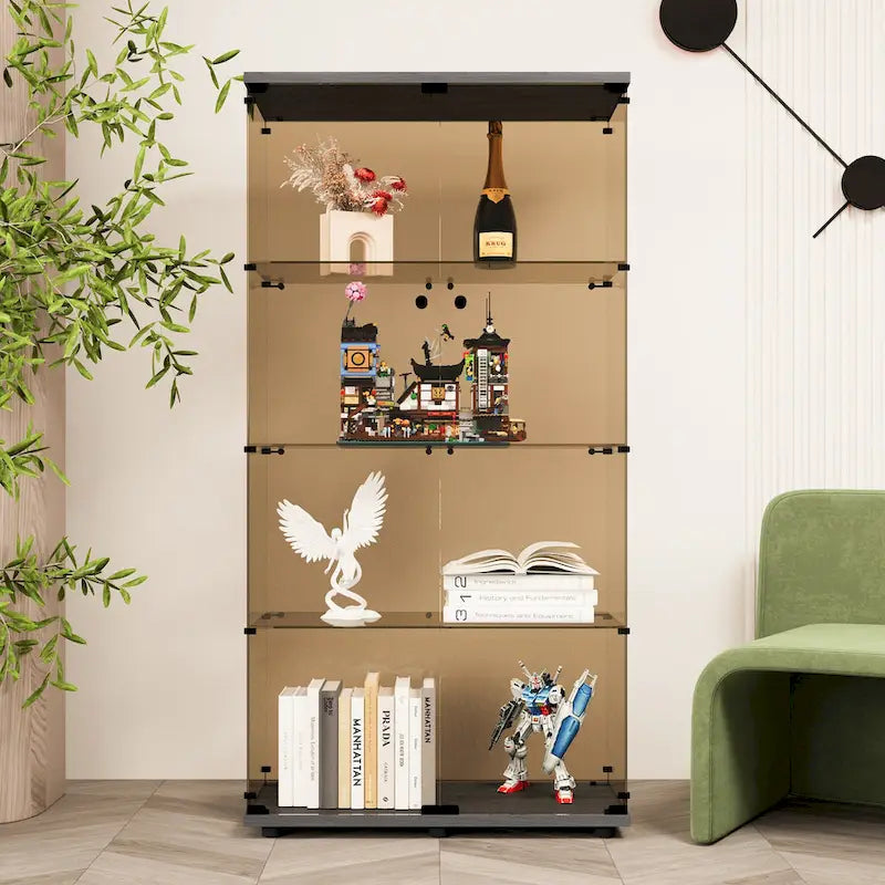 Vitrine 2 portes en verre teinté avec 4 étagères, bibliothèque murale sur pied