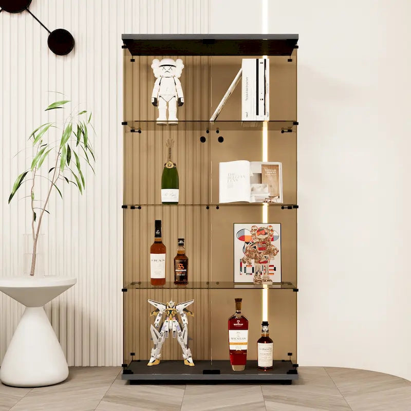 Vitrine 2 portes en verre teinté avec 4 étagères, bibliothèque murale sur pied