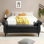 Banc de lit rembourré en PU de 63 po avec rangement à couvercle rabattable et garniture cloutée