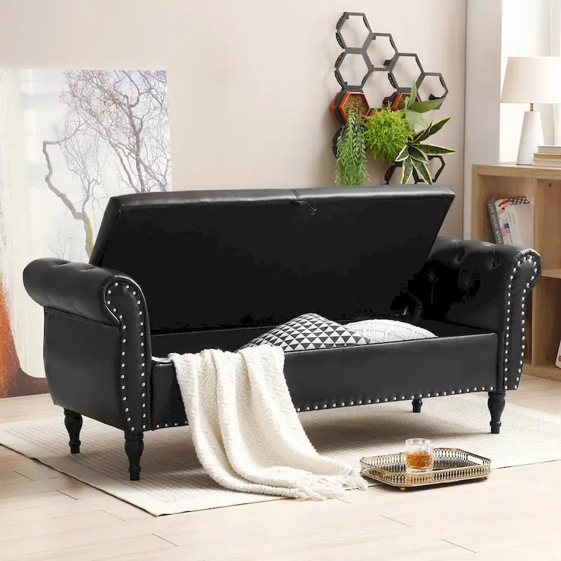 Banc de lit rembourré en PU de 63 po avec rangement à couvercle rabattable et garniture cloutée