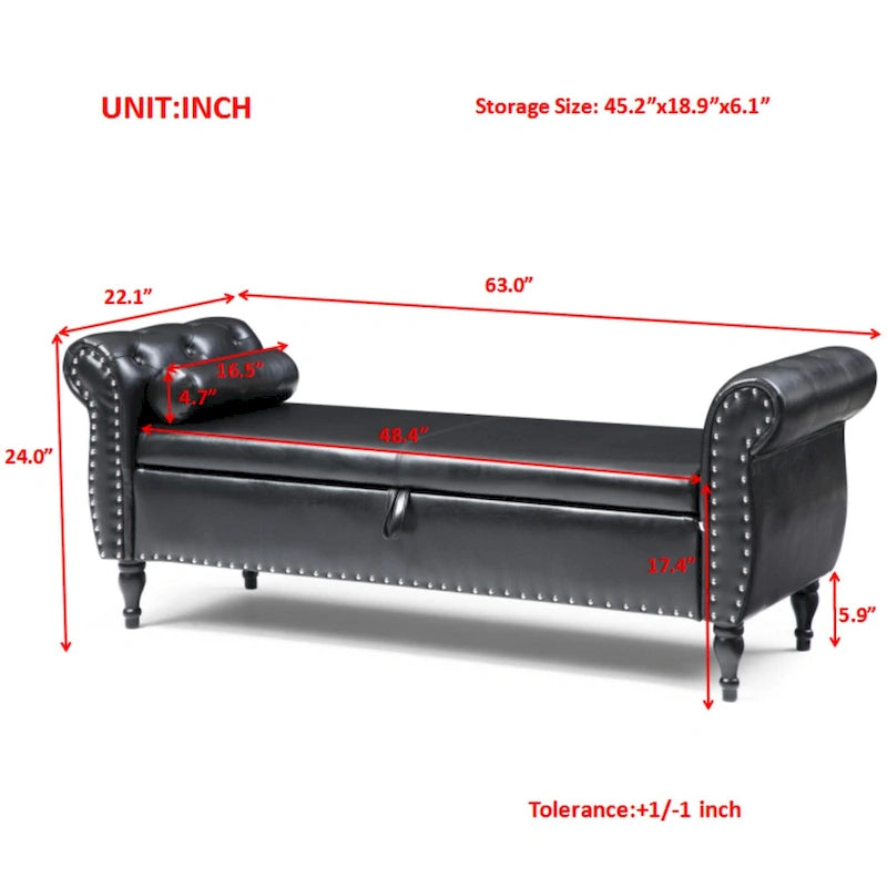 Banc de lit rembourré en PU de 63 po avec rangement à couvercle rabattable et garniture cloutée