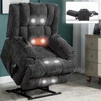 Fauteuil inclinable gris surdimensionné en chenille avec massage, chauffage et inclinaison à plat