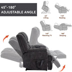 Fauteuil inclinable gris surdimensionné en chenille avec massage, chauffage et inclinaison à plat