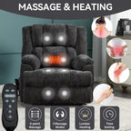 Fauteuil inclinable gris surdimensionné en chenille avec massage, chauffage et inclinaison à plat