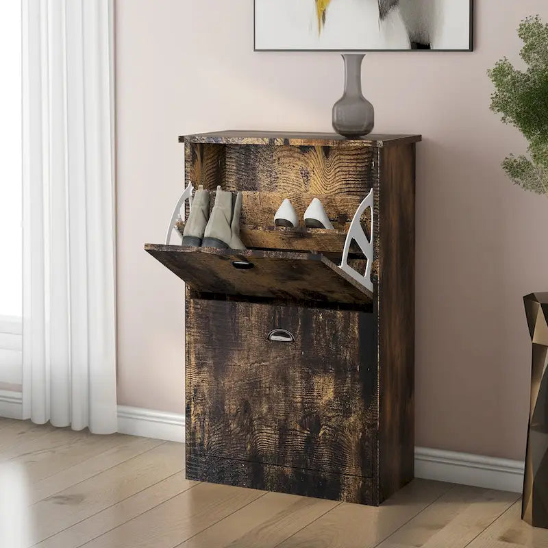 Meuble à chaussures, Meuble à chaussures fin et étroit dissimulé avec 2 tiroirs pour entrée, foyer, couloir, chambre, couleur bois naturel