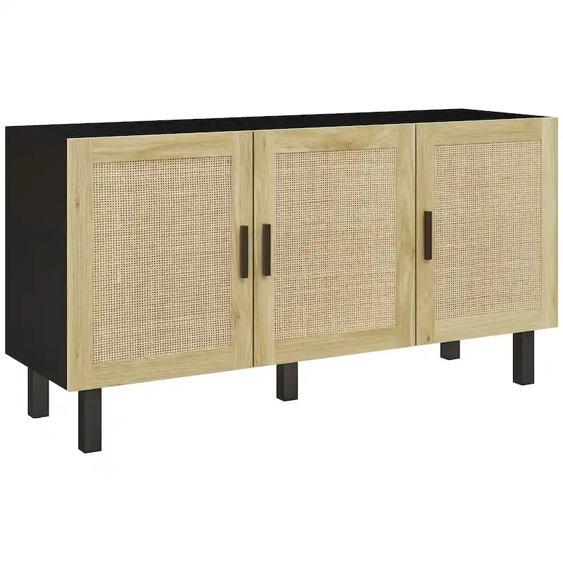Buffet de salle à manger, meuble de cuisine, meuble de bar à café avec 3 portes en rotin et étagères réglables, noir et naturel