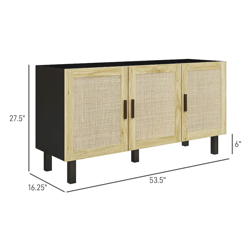 Buffet de salle à manger, meuble de cuisine, meuble de bar à café avec 3 portes en rotin et étagères réglables, noir et naturel