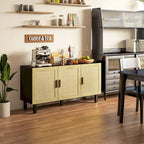 Buffet de salle à manger, meuble de cuisine, meuble de bar à café avec 3 portes en rotin et étagères réglables, noir et naturel
