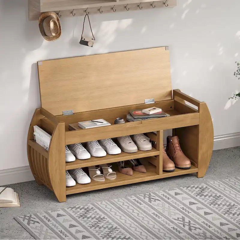 Banc de rangement rétro multifonctionnel avec coussin et panneau latéral incurvé pour l'entrée et le salon