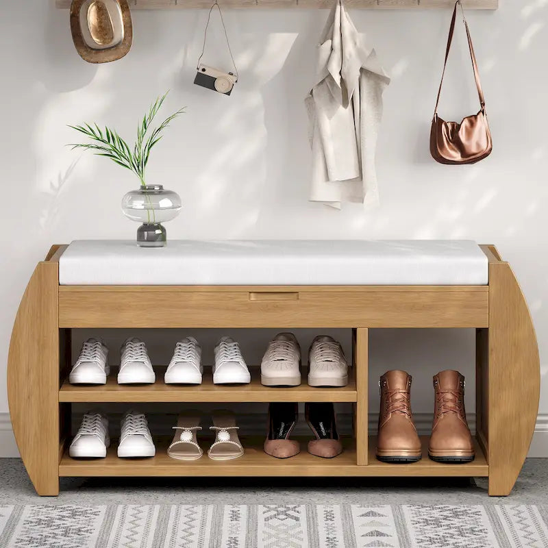 Banc de rangement rétro multifonctionnel avec coussin et panneau latéral incurvé pour l'entrée et le salon