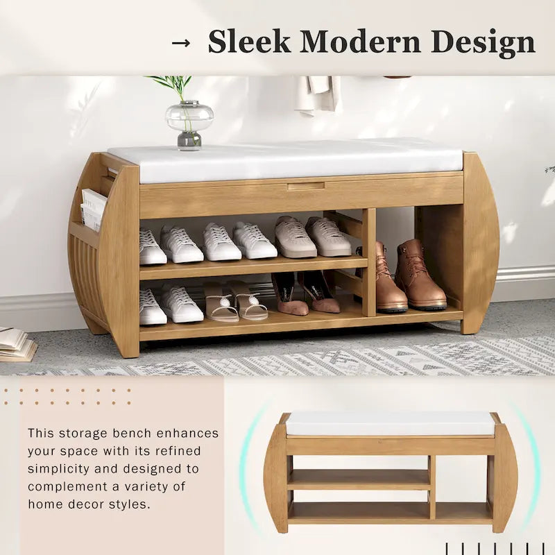 Banc de rangement rétro multifonctionnel avec coussin et panneau latéral incurvé pour l'entrée et le salon
