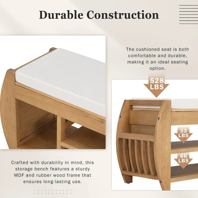 Banc de rangement rétro multifonctionnel avec coussin et panneau latéral incurvé pour l'entrée et le salon