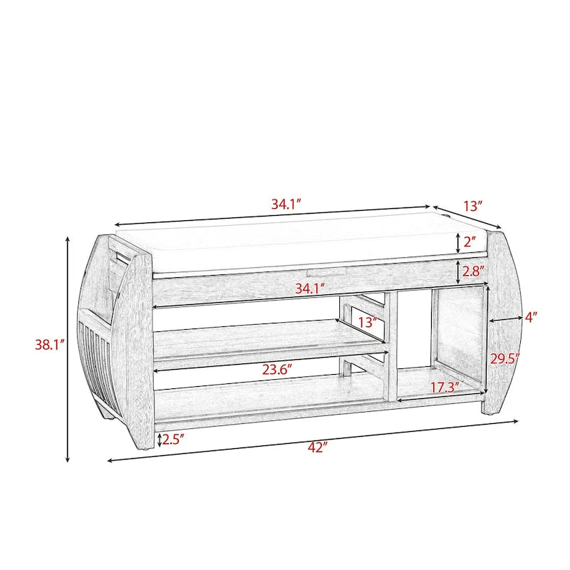 Banc de rangement rétro multifonctionnel avec coussin et panneau latéral incurvé pour l'entrée et le salon