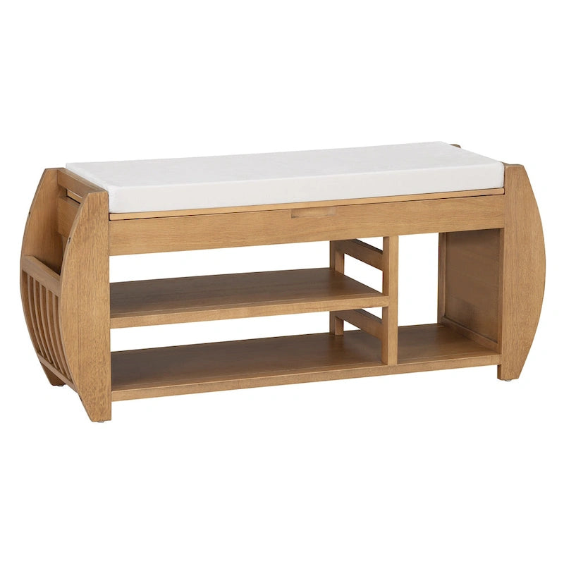Banc de rangement rétro multifonctionnel avec coussin et panneau latéral incurvé pour l'entrée et le salon