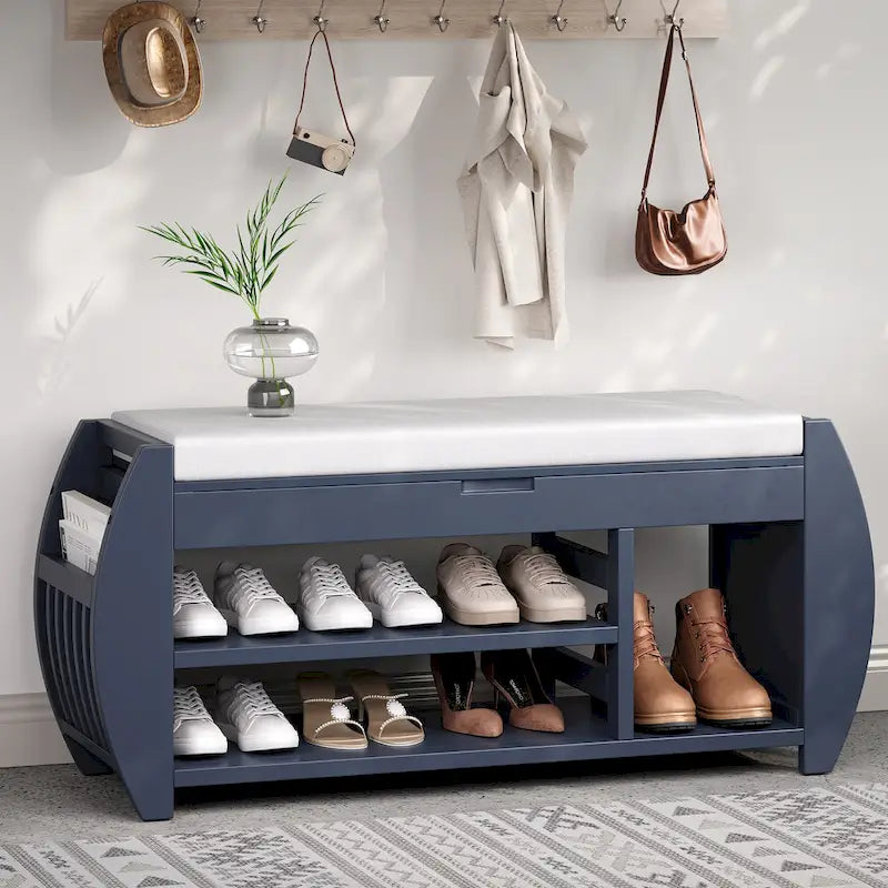 Banc de rangement rétro multifonctionnel avec coussin et panneau latéral incurvé pour l'entrée et le salon