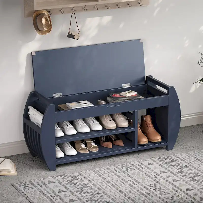 Banc de rangement rétro multifonctionnel avec coussin et panneau latéral incurvé pour l'entrée et le salon
