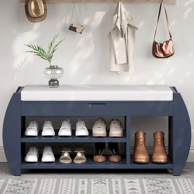 Banc de rangement rétro multifonctionnel avec coussin et panneau latéral incurvé pour l'entrée et le salon