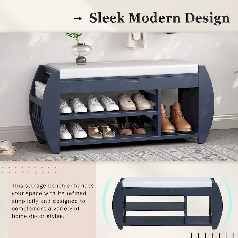 Banc de rangement rétro multifonctionnel avec coussin et panneau latéral incurvé pour l'entrée et le salon