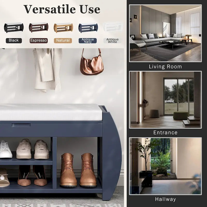 Banc de rangement rétro multifonctionnel avec coussin et panneau latéral incurvé pour l'entrée et le salon
