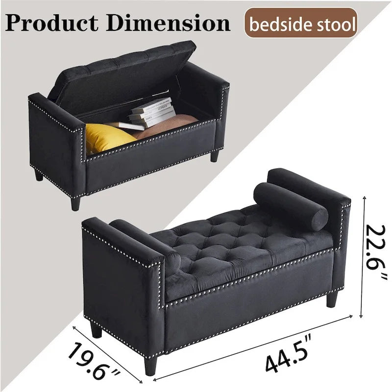 Banc de rangement, banc de chevet capitonné en velours de 113 cm avec accoudoirs pour lit Queen Size