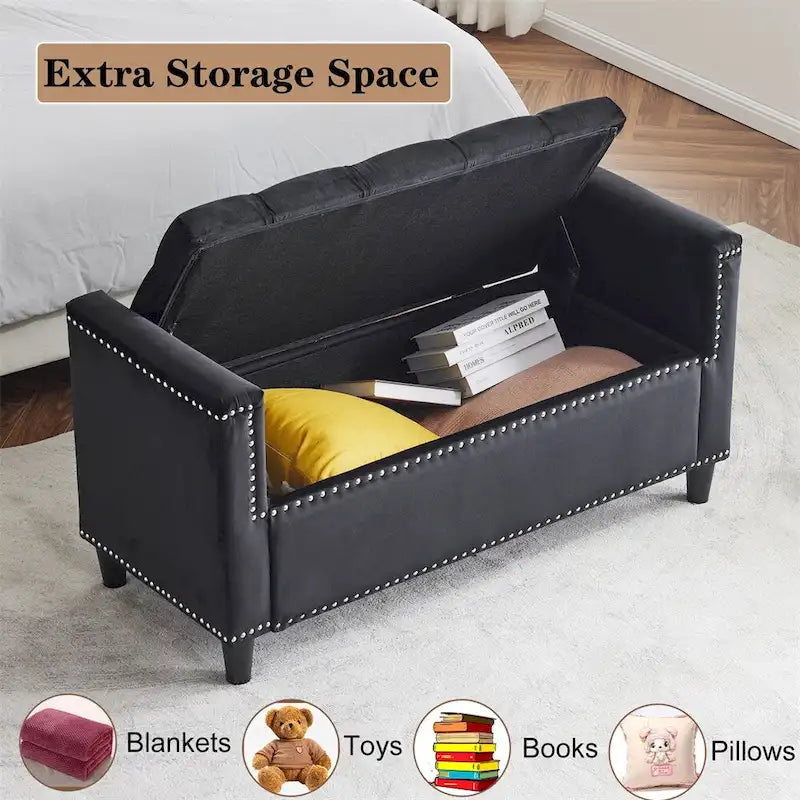 Banc de rangement, banc de chevet capitonné en velours de 113 cm avec accoudoirs pour lit Queen Size