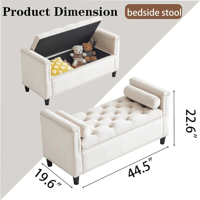 Banc de rangement, banc de chevet capitonné en velours de 113 cm avec accoudoirs pour lit Queen Size