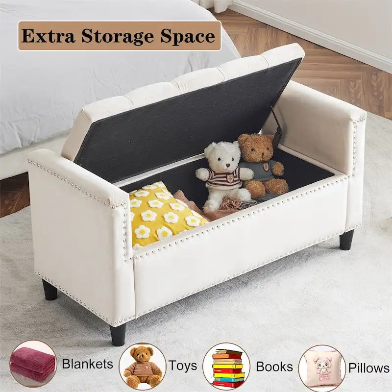 Banc de rangement, banc de chevet capitonné en velours de 113 cm avec accoudoirs pour lit Queen Size