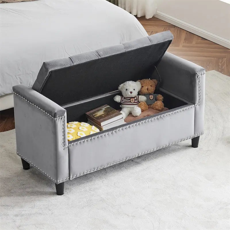 Banc de rangement, banc de chevet capitonné en velours de 113 cm avec accoudoirs pour lit Queen Size