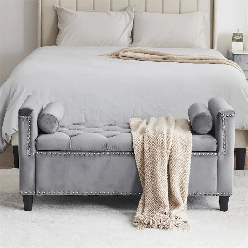 Banc de rangement, banc de chevet capitonné en velours de 113 cm avec accoudoirs pour lit Queen Size