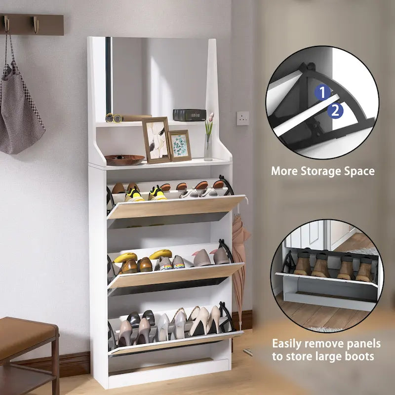 Meuble à chaussures avec 3 miroirs, Meuble de rangement pour chaussures pour entrée, Meuble à chaussures vertical pour entrée de porte d'entrée, Extérieur, Chambre à coucher