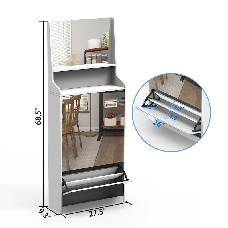 Meuble à chaussures avec 3 miroirs, Meuble de rangement pour chaussures pour entrée, Meuble à chaussures vertical pour entrée de porte d'entrée, Extérieur, Chambre à coucher