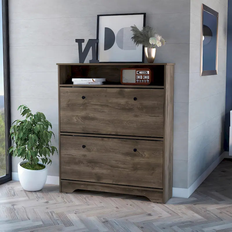 Meuble à chaussures, une étagère ouverte, deux compartiments extensibles