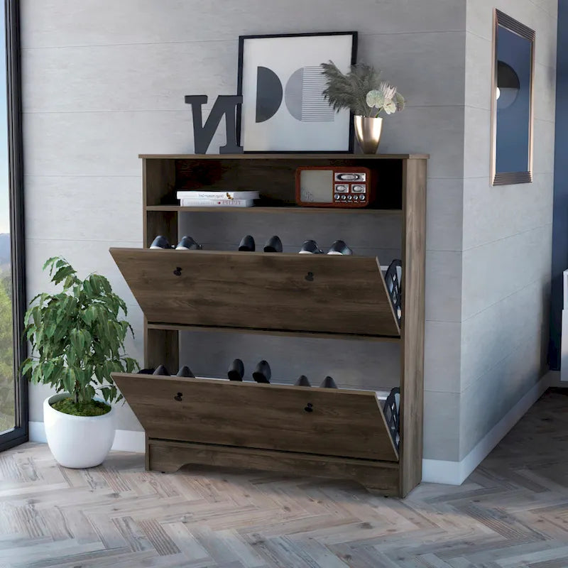 Meuble à chaussures, une étagère ouverte, deux compartiments extensibles