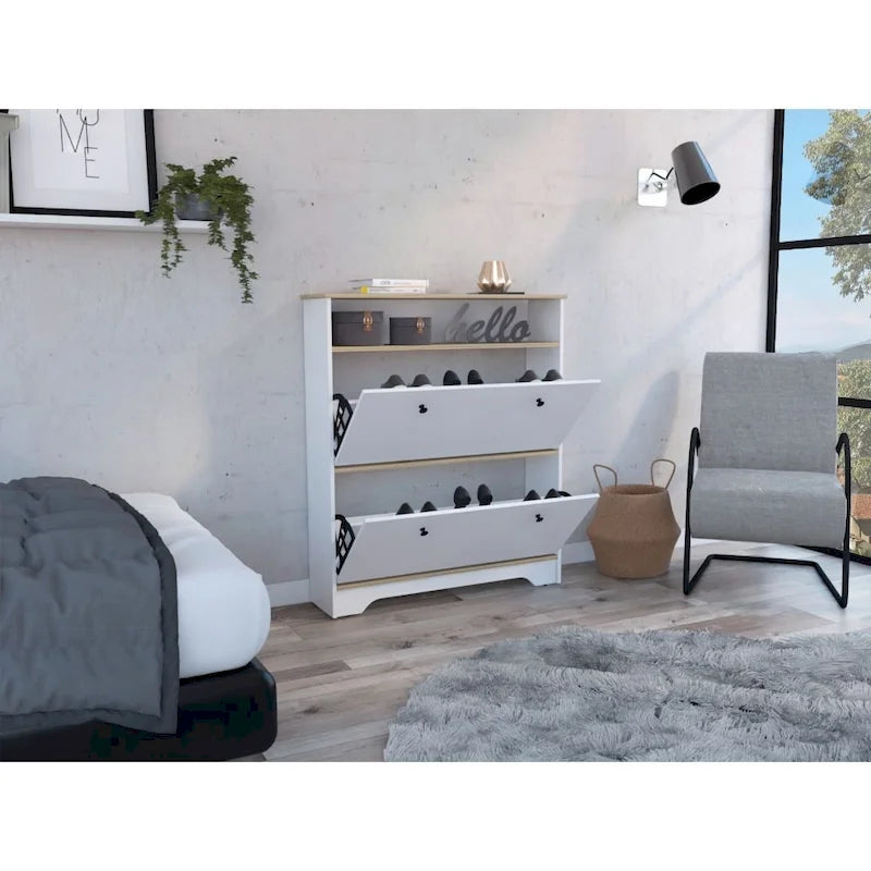 Meuble à chaussures, une étagère ouverte, deux compartiments extensibles