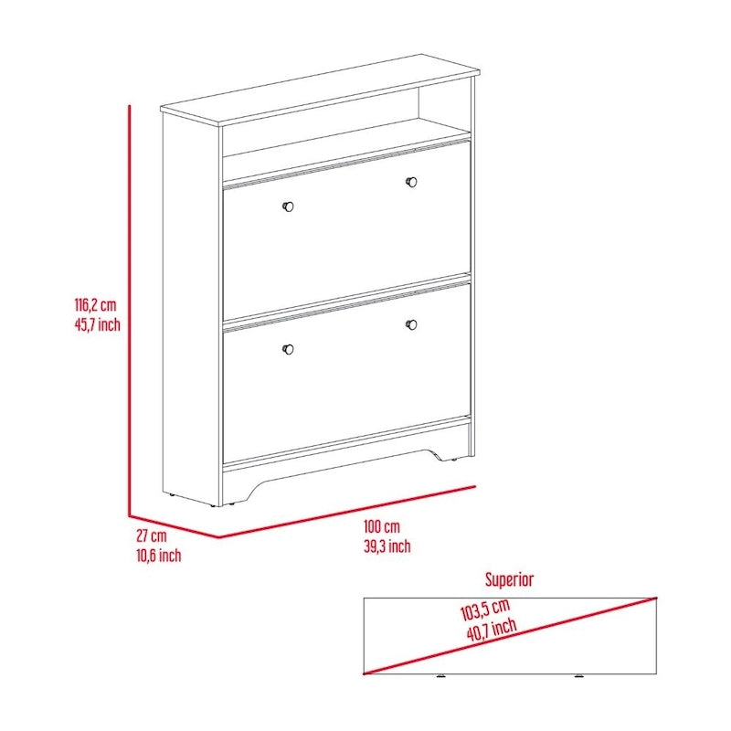 Meuble à chaussures, une étagère ouverte, deux compartiments extensibles