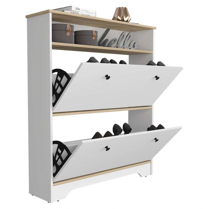 Meuble à chaussures, une étagère ouverte, deux compartiments extensibles