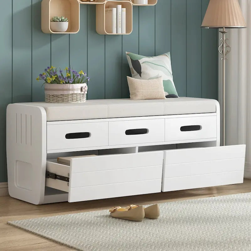 Banc de rangement rustique avec 2 tiroirs, espace de rangement dissimulé et 3 faux tiroirs sur le dessus