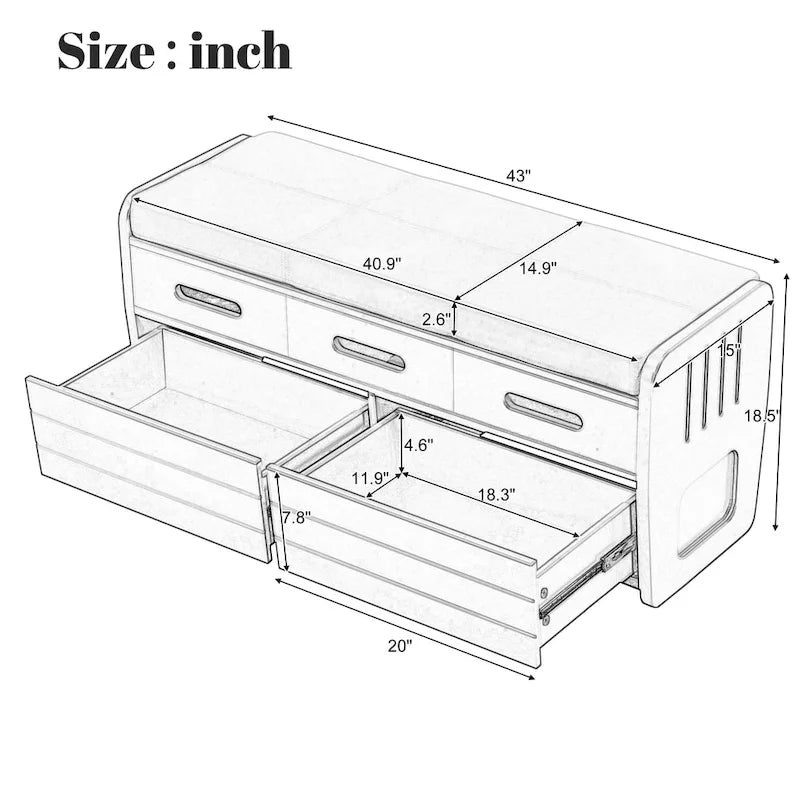 Banc de rangement rustique avec 2 tiroirs, espace de rangement dissimulé et 3 faux tiroirs sur le dessus