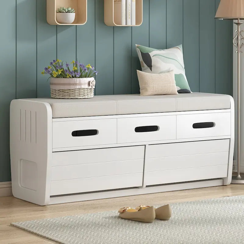 Banc de rangement rustique avec 2 tiroirs, espace de rangement dissimulé et 3 faux tiroirs sur le dessus