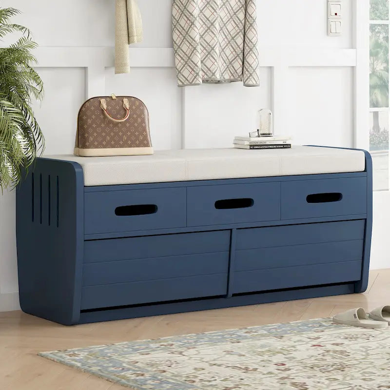 Banc de rangement rustique avec 2 tiroirs, espace de rangement dissimulé et 3 faux tiroirs sur le dessus